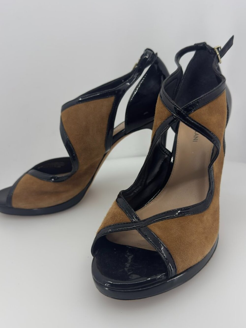 ANTONIO MELANI Camel Brown Suede and Patent Black Peep-Toe Heels | Size 9.5